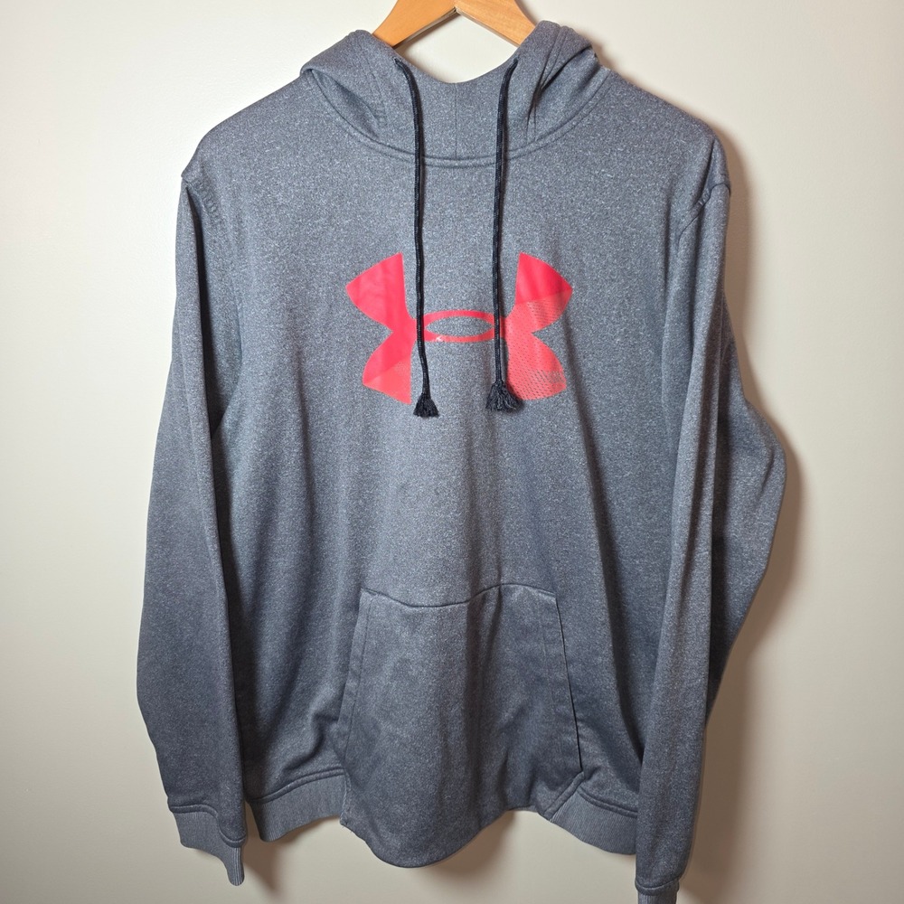 Under Armour ColdGear Mens XL Grey Heathered Loose Fit Red Logo Hoodie Pullover